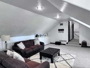 Carpeted living room with vaulted ceiling and a textured ceiling