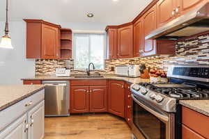 Kitchen featuring light hardwood / wood-style floors, decorative light fixtures, sink, backsplash, and appliances with stainless steel finishes