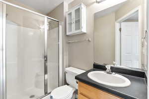 Bathroom with vanity, a textured ceiling, toilet, and a shower with door