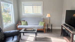 Sitting room with hardwood / wood-style floors and a healthy amount of sunlight