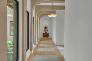 Corridor with a wealth of natural light and light hardwood / wood-style flooring