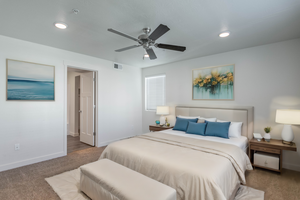 Carpeted bedroom with ceiling fan