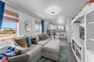 Living room with a textured ceiling, sink, and hardwood / wood-style floors