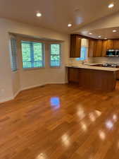 Kitchen with sink, light hardwood / wood-style floors, and kitchen peninsula