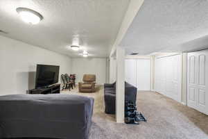 Living room with carpet floors and a textured ceiling