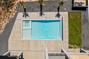 View of swimming pool. Old photo. The water slide has been installed. Landscape has changed