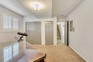 Office featuring light colored carpet and a textured ceiling