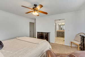 Carpeted bedroom featuring ornamental molding, ceiling fan, and connected bathroom