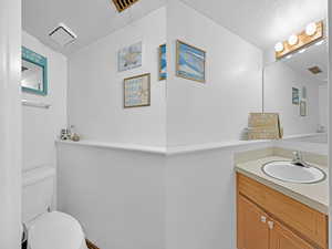 Bathroom featuring vanity, toilet, and a textured ceiling