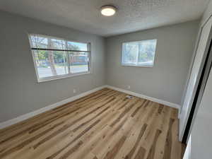 Spare room with light hardwood / wood-style floors, a wealth of natural light, and a textured ceiling