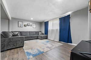 Living room with dark hardwood / wood-style flooring and a textured ceiling