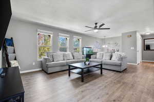 Living room featuring ceiling fan with notable chandelier, hardwood / wood-style flooring, and a textured ceiling