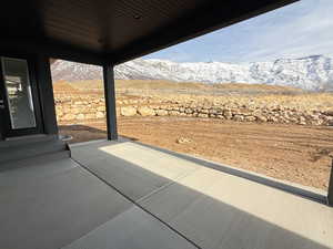 View of patio featuring a mountain view