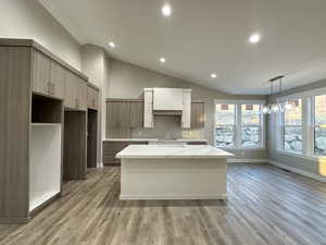 Kitchen featuring light stone countertops, vaulted ceiling, decorative light fixtures, a center island, and light hardwood / wood-style floors