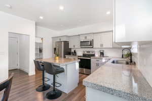 Kitchen featuring sink, stainless steel appliances, light stone counters, dark hardwood / wood-style floors, and a kitchen island