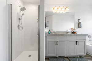 Bathroom with vanity, plus walk in shower, and hardwood / wood-style flooring