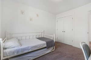 Bedroom featuring carpet floors and a closet