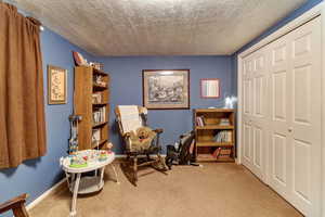 Living area with light colored carpet and a textured ceiling