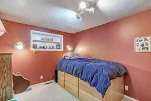 Carpeted bedroom with a textured ceiling