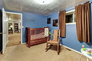 Carpeted bedroom featuring a textured ceiling