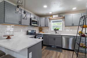 Kitchen featuring gray cabinets, pendant lighting, sink, stainless steel appliances, and kitchen peninsula