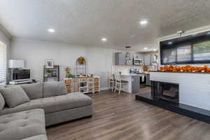 Living room with ornamental molding, a textured ceiling, and dark hardwood / wood-style flooring