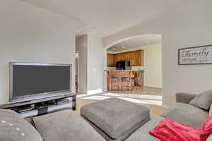 View into kitchen from living room.