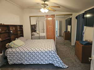 Bedroom featuring dark colored carpet, two closets, and ceiling fan