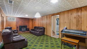 Carpeted living room featuring wooden walls, a wood stove, and an ornate ceiling
