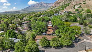 Aerial perspective of suburban area with a mountainous background