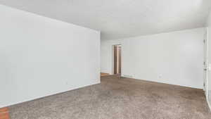 Spare room with light carpet and a textured ceiling