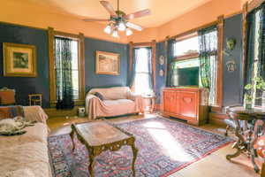 Living room featuring ceiling fan and wood-type flooring