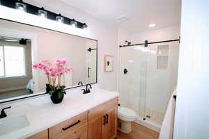 Bathroom with an enclosed shower, vanity, toilet, and wood-type flooring