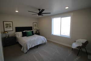 Primary bedroom with ceiling fan and gorgeous view of the mountains