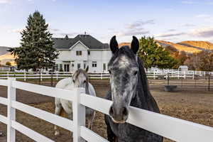 View of stable featuring a mountain view and a rural view