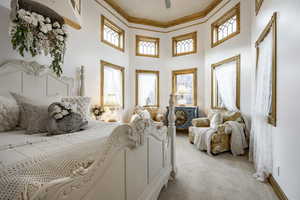 Bedroom featuring crown molding, a high ceiling, and light carpet