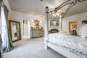 Carpeted bedroom featuring ornate columns and ornamental molding