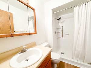 Bathroom with walk in shower, wood-type flooring, vanity, and toilet