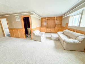 Carpeted living room with a textured ceiling and wooden walls