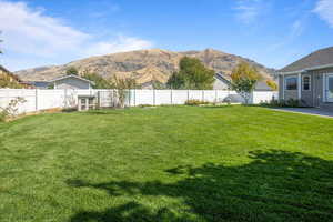 View of yard featuring a patio, mountain view, chicken coup, dog kennel