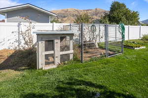 View of chicken coop and dog kennel featuring a mountain view and a lawn