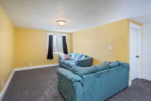 Living room featuring dark carpet, textured ceiling, and drapes