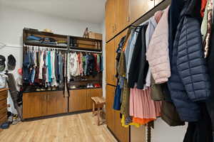 Spacious closet featuring light hardwood / wood-style floors. Stackable W/D in closet