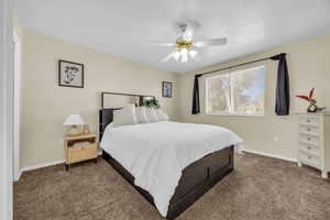 Bedroom featuring ceiling fan and carpet flooring