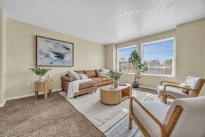 Living room with carpet floors and a textured ceiling