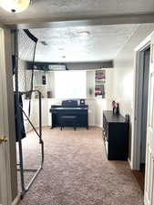 Interior space with carpet flooring and a textured ceiling