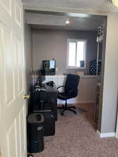 Carpeted office space with a textured ceiling