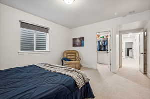 Bedroom featuring light colored carpet, a closet, and a walk in closet