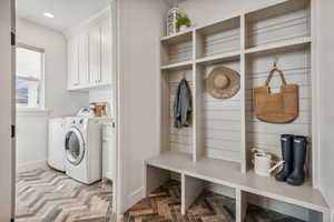 Laundry area and lockers next to garage entrance.