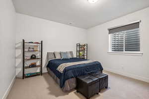 Bedroom featuring light carpet